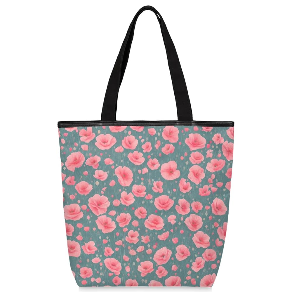 Amazon.com: Poppy Pink Flower Canvas Tote Bag with Zipper